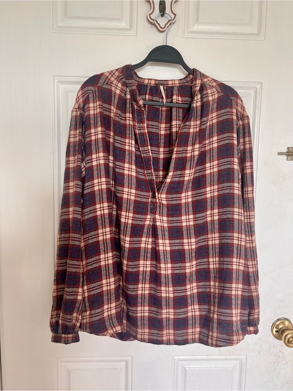 Free People | Plaid V-Neck Buttonless Blouse in Navy & Burgundy